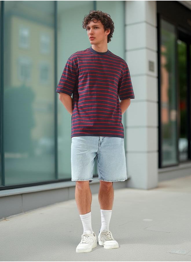HIGH STAR Men's Multicolour 100% Cotton Striped Relaxed T-Shirt  - Image 2