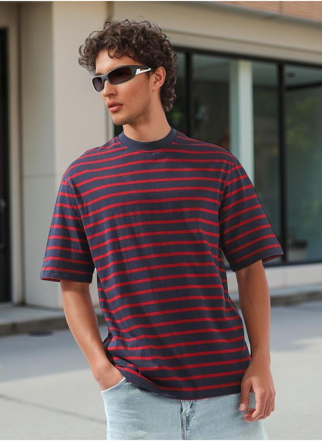HIGH STAR Men's Multicolour 100% Cotton Striped Relaxed T-Shirt  - Image 1