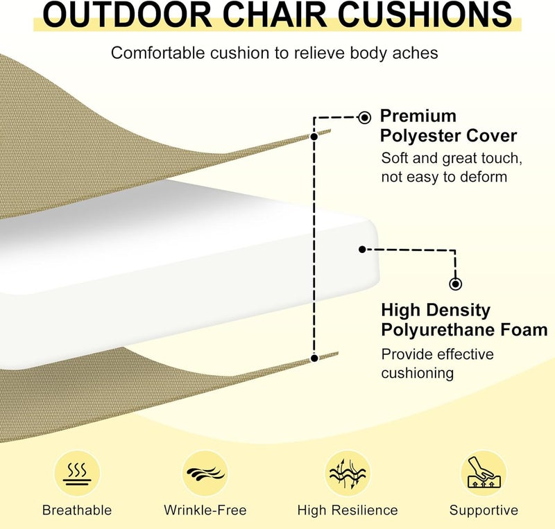 downluxe Outdoor Chair Cushions Set of 4 for Patio Furniture, Water-Resistant Square Corner Patio Chair Cushions with Ties, High Density Foam Outdoor Seat Cushion, 18.5" X 16" X 3", Khaki - Image 2