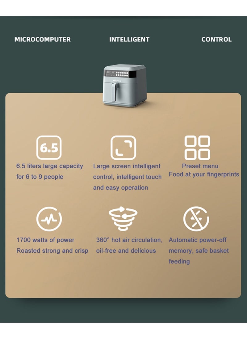 Multifunction Electric Digital Air Fryer Oven 1700W 6.5L Automatic Non-stick Oil Free Cooker Frying Machine Fryer with 9 Preset Food Menu & Led Touch Display(Grey)