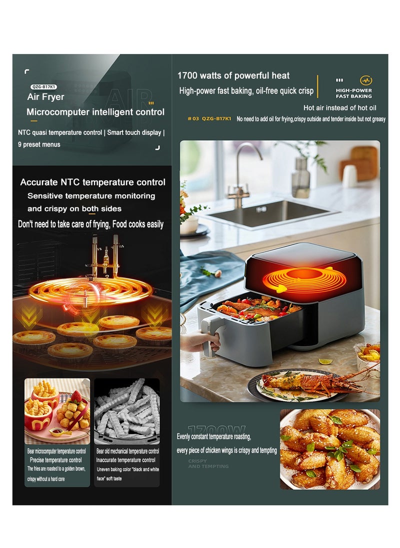 Multifunction Electric Digital Air Fryer Oven 1700W 6.5L Automatic Non-stick Oil Free Cooker Frying Machine Fryer with 9 Preset Food Menu & Led Touch Display(Grey)