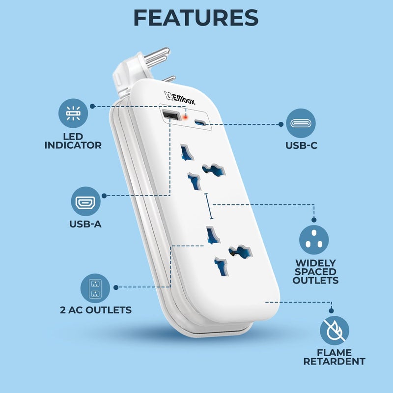EMBOX EMBOX Extension Board with USB C and USB A Ports with Universal Sockets and IndicatorCompact Extension Cord Multi Plug Socket with Safety Shutter2500W Mini Power STRIP2S2USB  - Image 2