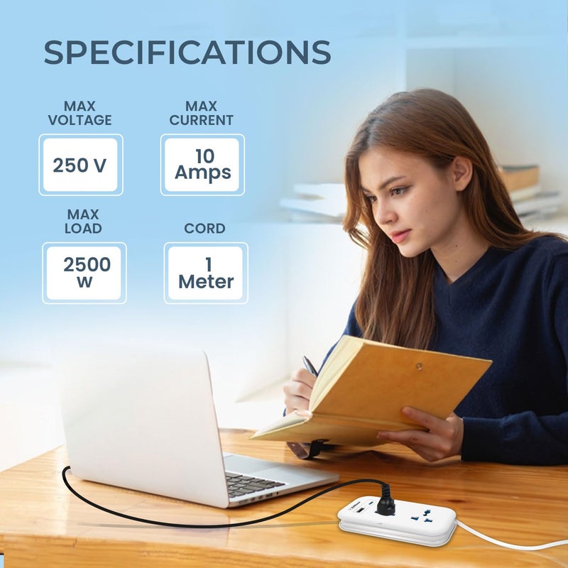 EMBOX EMBOX Extension Board with USB C and USB A Ports with Universal Sockets and IndicatorCompact Extension Cord Multi Plug Socket with Safety Shutter2500W Mini Power STRIP2S2USB  - Image 3