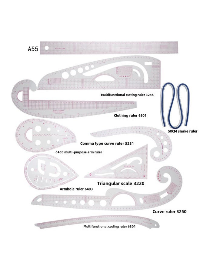 ثام مسطرة الملابس، مسطرة القص، مسطرة كم القفص، مسطرة المنحنيات، مسطرة قوس الأزرار، مجموعة مساطر - Image 1