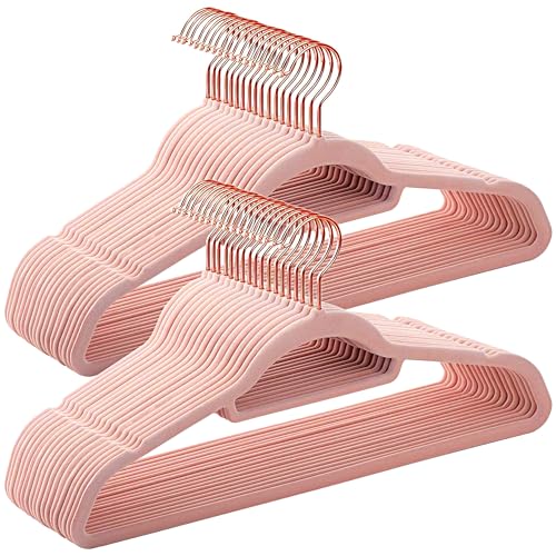 BGRQRIQ Pink Velvet Hangers 30 Pack - Rose Gold Hook, Space Saving Non-Slip Clothes Hangers, 16.5 Inch with Tie Bar for Coats,Sweater,Jackets,Dresses, Shirts, Suits & T-Shirts - Image 1