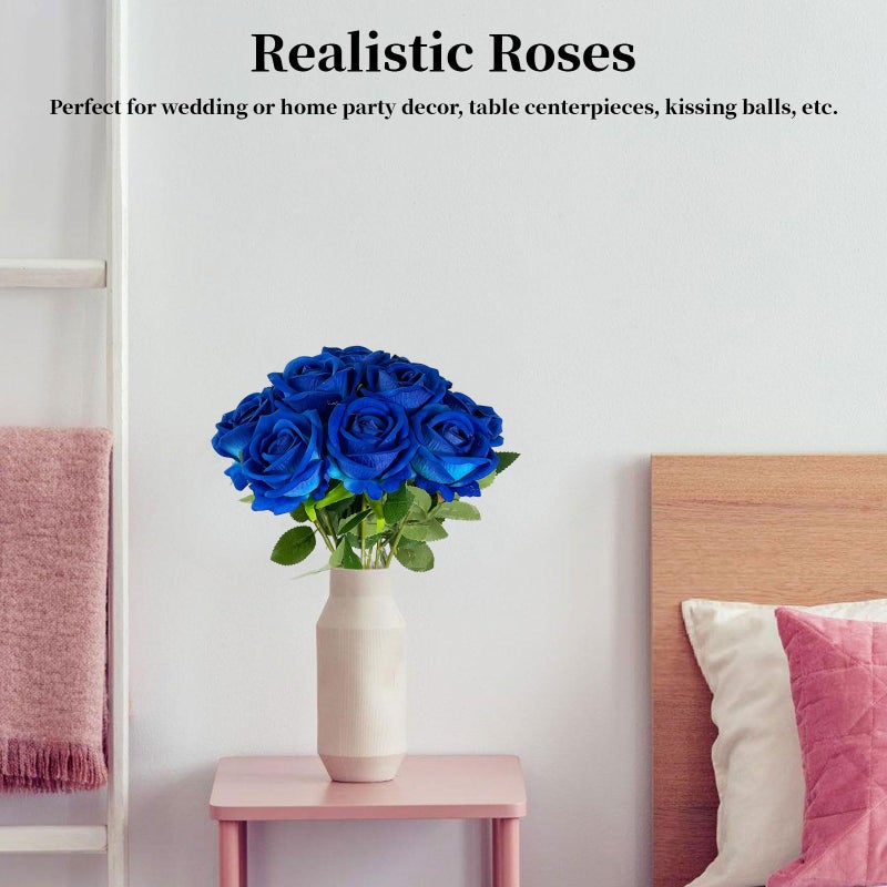 DECEED 10 PCS Artificial Roses with Long Stems Silk Flowers Realistic Foam Flowers Fake Roses for Valentine's Day Home Wedding Halloween Decor(Blue) - Image 4