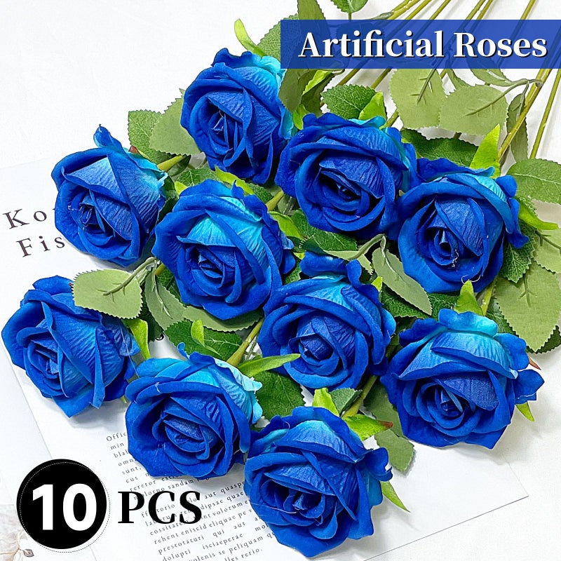 DECEED 10 PCS Artificial Roses with Long Stems Silk Flowers Realistic Foam Flowers Fake Roses for Valentine's Day Home Wedding Halloween Decor(Blue) - Image 2