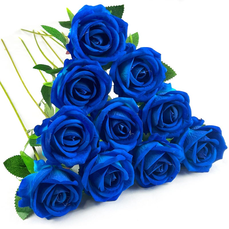 DECEED 10 PCS Artificial Roses with Long Stems Silk Flowers Realistic Foam Flowers Fake Roses for Valentine's Day Home Wedding Halloween Decor(Blue) - Image 1
