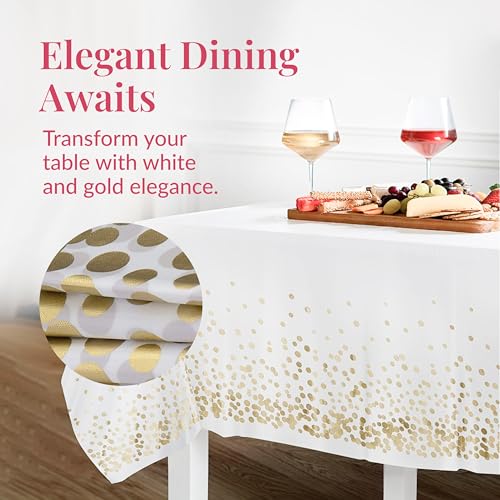 Prestee White and Gold Tablecloths, 4pk, 54x108 Inches - Party Table Cloths Disposable - Gold Dot Disposable Tablecloths - Plastic Table Cloth - Engagement Party Decorations, Baptism Decorations - Image 3