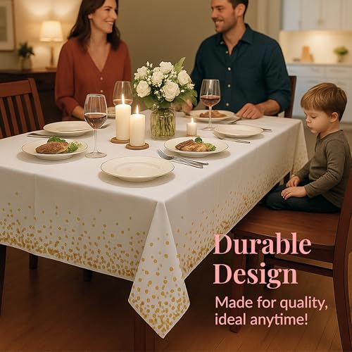 Prestee White and Gold Tablecloths, 4pk, 54x108 Inches - Party Table Cloths Disposable - Gold Dot Disposable Tablecloths - Plastic Table Cloth - Engagement Party Decorations, Baptism Decorations - Image 4