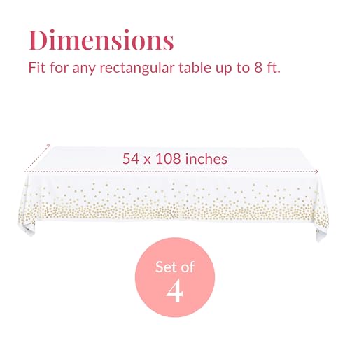 Prestee White and Gold Tablecloths, 4pk, 54x108 Inches - Party Table Cloths Disposable - Gold Dot Disposable Tablecloths - Plastic Table Cloth - Engagement Party Decorations, Baptism Decorations - Image 2