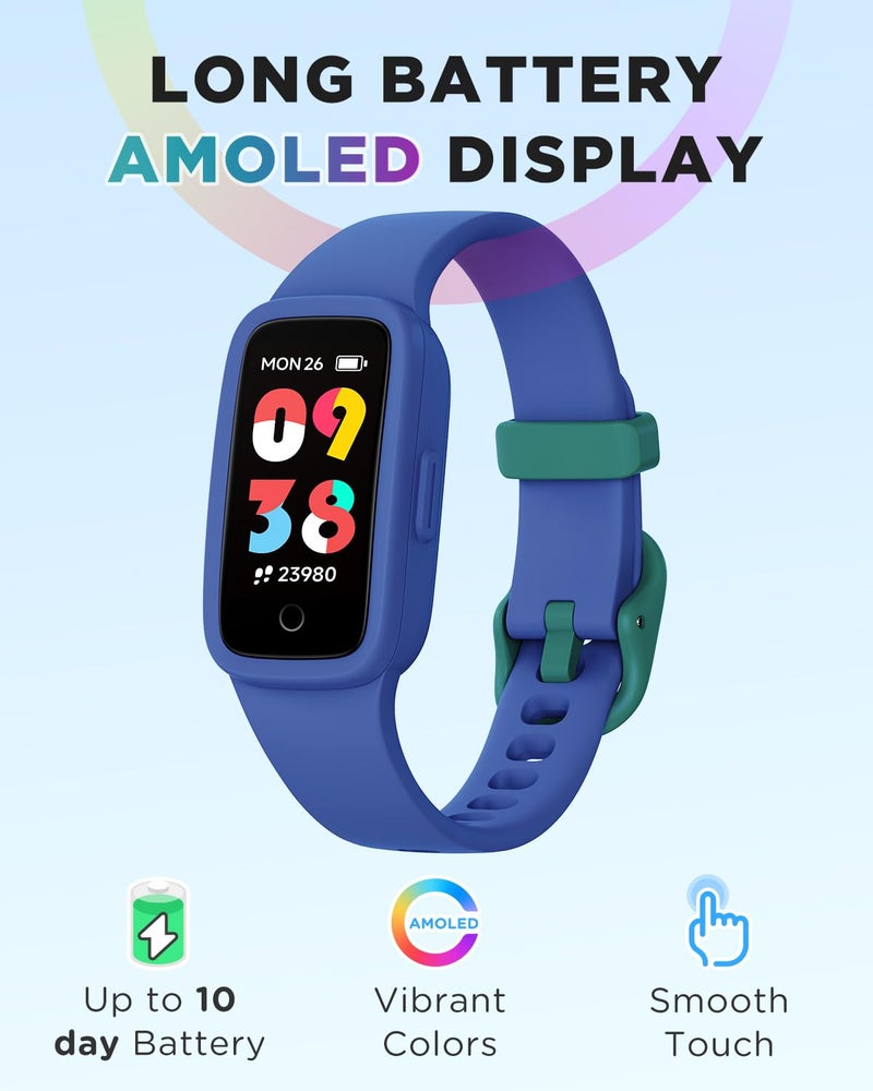 BIGGERFIVE Vigor 3 Kids Fitness Tracker Watch, AMOLED Screen, No App No Phone Needed, 3ATM Waterproof, Heart Rate and Sleep Monitor, Pedometer Watch, Sports Step Counter for Boys Girls Ages 5-15, Blue - Image 2