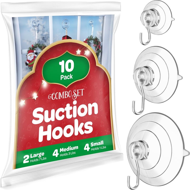 SEWANTA All-Purpose Suction Cup Hooks [10PK Combo Set] Powerful Window Suction Cups with Hooks Use to Hang On Glass, Windows, Doors, Mirrors, Tiles. Set Includes: 2 Large, 4 Medium, 4 Small - Image 1