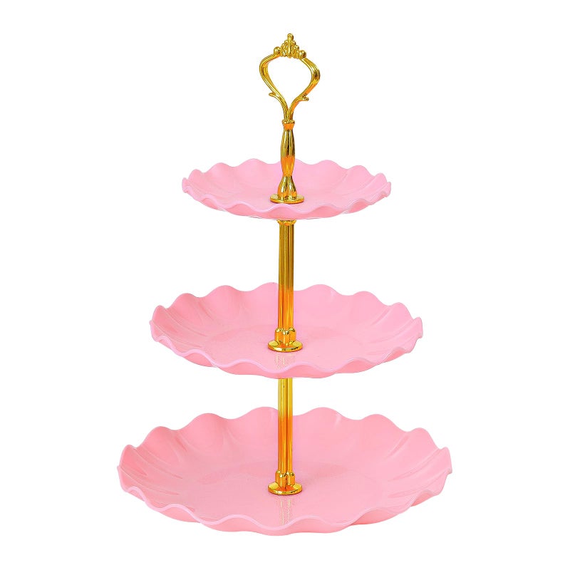 Soleebee 3-Tier Cupcake Stand, Wavy Plastic Tiered Serving Tray, Cup Cake Tower for Birthday Wedding Party Decoration, Cupcake Tier Stand Fruits Desserts Display (Pink)