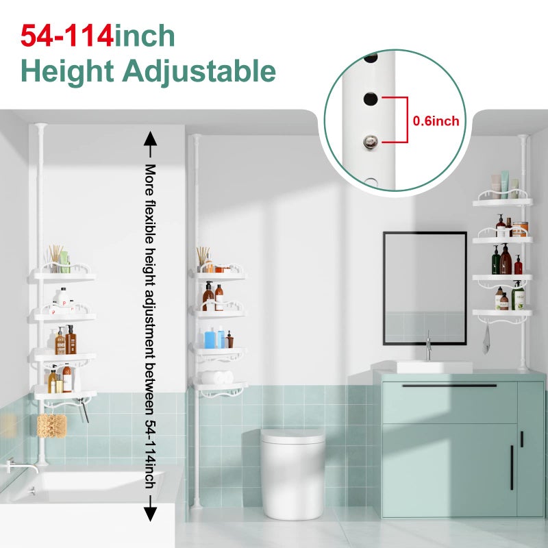 COCONUT Shower Caddy Tension Pole, 54-114 Inch Rustproof Corner Shower Caddy 4 Tier Adjustable Plastic Shelves for Bathtub Drill Free Shower Organizer Quick Installation Bathroom Storage Rack - Image 2