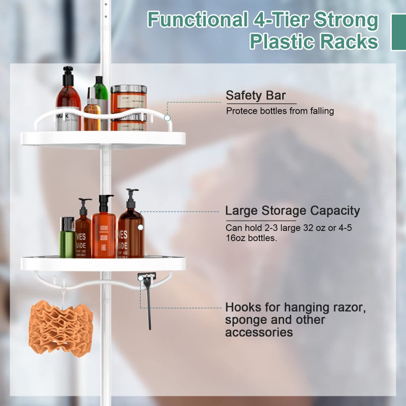 COCONUT Shower Caddy Tension Pole, 54-114 Inch Rustproof Corner Shower Caddy 4 Tier Adjustable Plastic Shelves for Bathtub Drill Free Shower Organizer Quick Installation Bathroom Storage Rack - Image 5