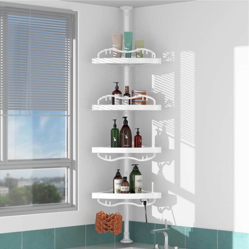 COCONUT Shower Caddy Tension Pole, 54-114 Inch Rustproof Corner Shower Caddy 4 Tier Adjustable Plastic Shelves for Bathtub Drill Free Shower Organizer Quick Installation Bathroom Storage Rack - Image 1