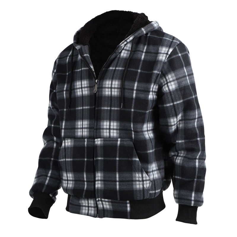 Facitisu Men Fleece Hoodie Plaid Flannel Jacket Heavy Warm Big and Tall Sherpa Lined Coat Zipper Thick Sweatshirts With Hood Black 2X-Large - Image 3