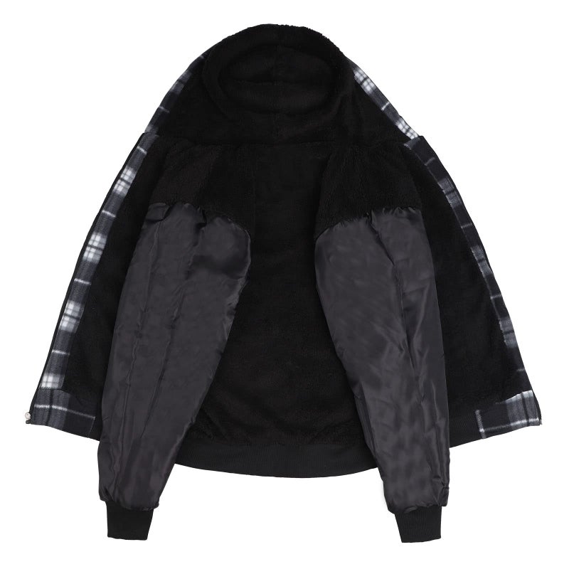 Facitisu Men Fleece Hoodie Plaid Flannel Jacket Heavy Warm Big and Tall Sherpa Lined Coat Zipper Thick Sweatshirts With Hood Black 2X-Large - Image 5