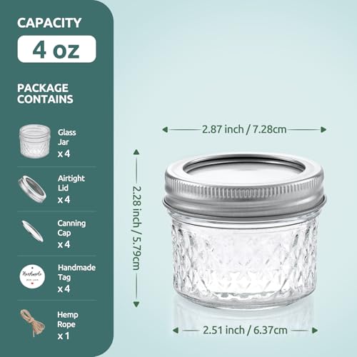 Tecohouse 4 Pack, 4 oz Small Mason Jars with Leakproof Lids, Regular Mouth Mason Jars | 4 oz Glass Jars with Lids for Honey, Jam, Snacks, Spices, DIY Candles & Crafts - Image 5