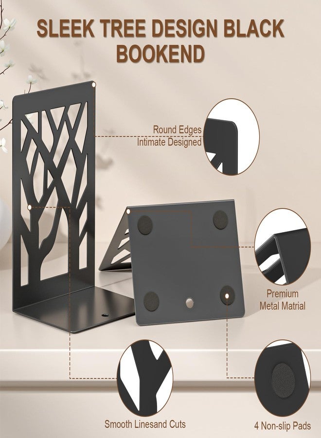 VFINE 4-Piece Modern Metal Bookends for Shelves, Black Tree Book Ends for Books, Decorative Book Organizer for Desk, Non-Skid Shelve Bookends for Home Office - Image 4