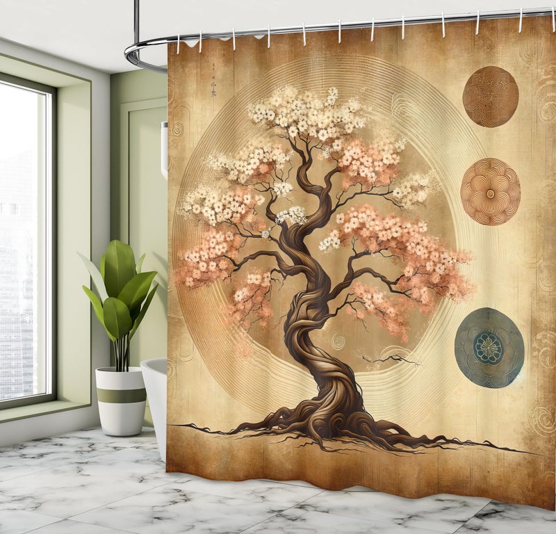Ambesonne Brown Shower Curtain  Ethnic Weathered Style Spring Tree Japanese Garden Rustic Folkloric Motif  Cloth Fabric Bathroom Decor Set with Hooks  69"" W x 70"" L  Blush Caramel Taupe - Image 1