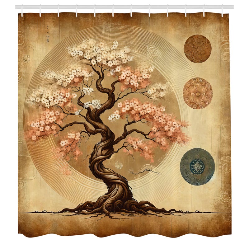 Ambesonne Brown Shower Curtain  Ethnic Weathered Style Spring Tree Japanese Garden Rustic Folkloric Motif  Cloth Fabric Bathroom Decor Set with Hooks  69"" W x 70"" L  Blush Caramel Taupe - Image 3