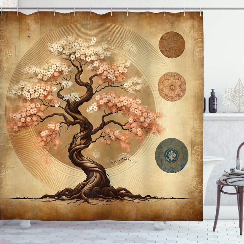Ambesonne Brown Shower Curtain  Ethnic Weathered Style Spring Tree Japanese Garden Rustic Folkloric Motif  Cloth Fabric Bathroom Decor Set with Hooks  69"" W x 70"" L  Blush Caramel Taupe - Image 2