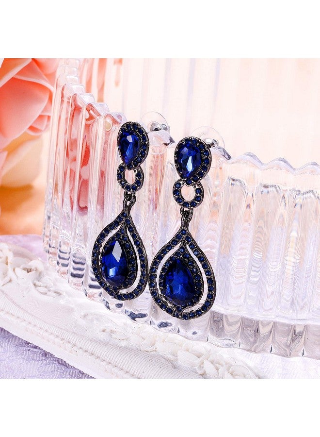 BriLove Wedding Bridal Dangle Earrings For Women Crystal Teardrop Infinity Chandelier Earrings Navy Blue Sapphire Color Black-Silver-Tone - Image 3