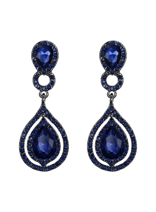 BriLove Wedding Bridal Dangle Earrings For Women Crystal Teardrop Infinity Chandelier Earrings Navy Blue Sapphire Color Black-Silver-Tone - Image 1