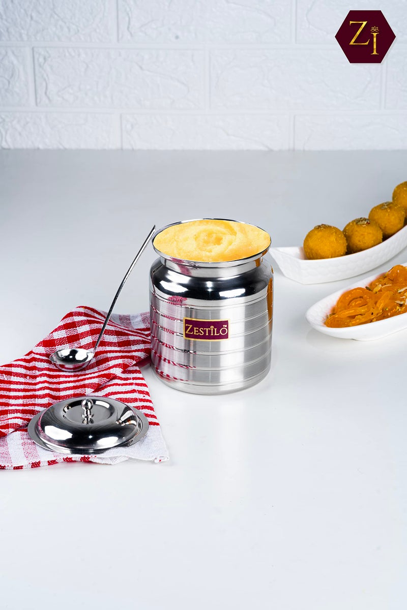 ZESTILO Stainless Steel Oil/Ghee Jar Container,Oil pot, ghee container with spoon ghee dispenser Platinum Finish (450 ml) - Image 5