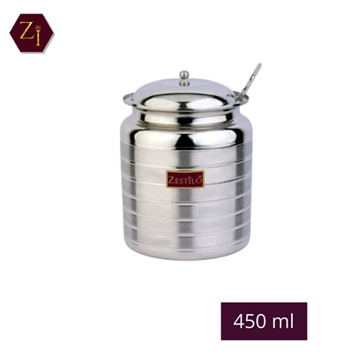 ZESTILO Stainless Steel Oil/Ghee Jar Container,Oil pot, ghee container with spoon ghee dispenser Platinum Finish (450 ml) - Image 4