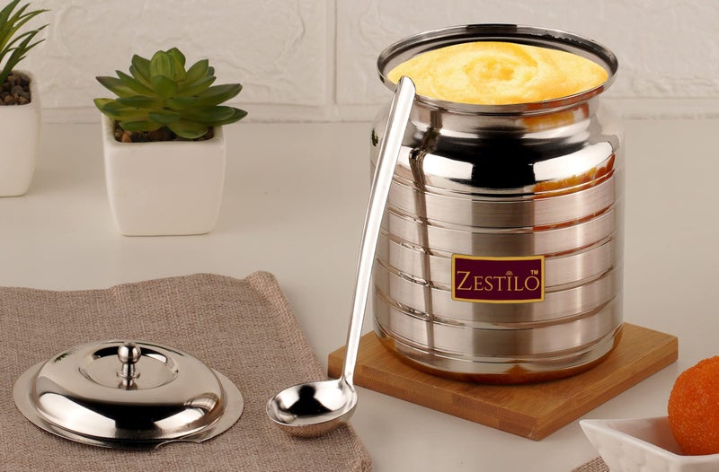 ZESTILO Stainless Steel Oil/Ghee Jar Container,Oil pot, ghee container with spoon ghee dispenser Platinum Finish (450 ml) - Image 1
