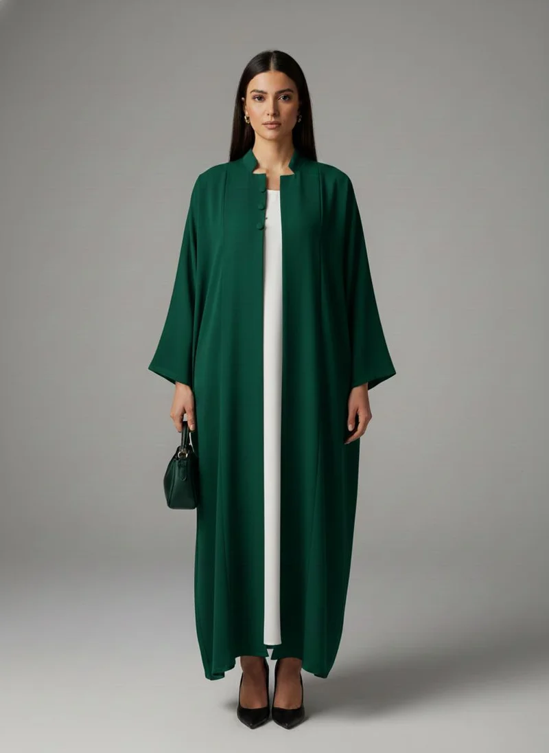 أم سكوير فاشن Signature Korean Nida Forest Green Open Abaya Minimalist High-Neck Design