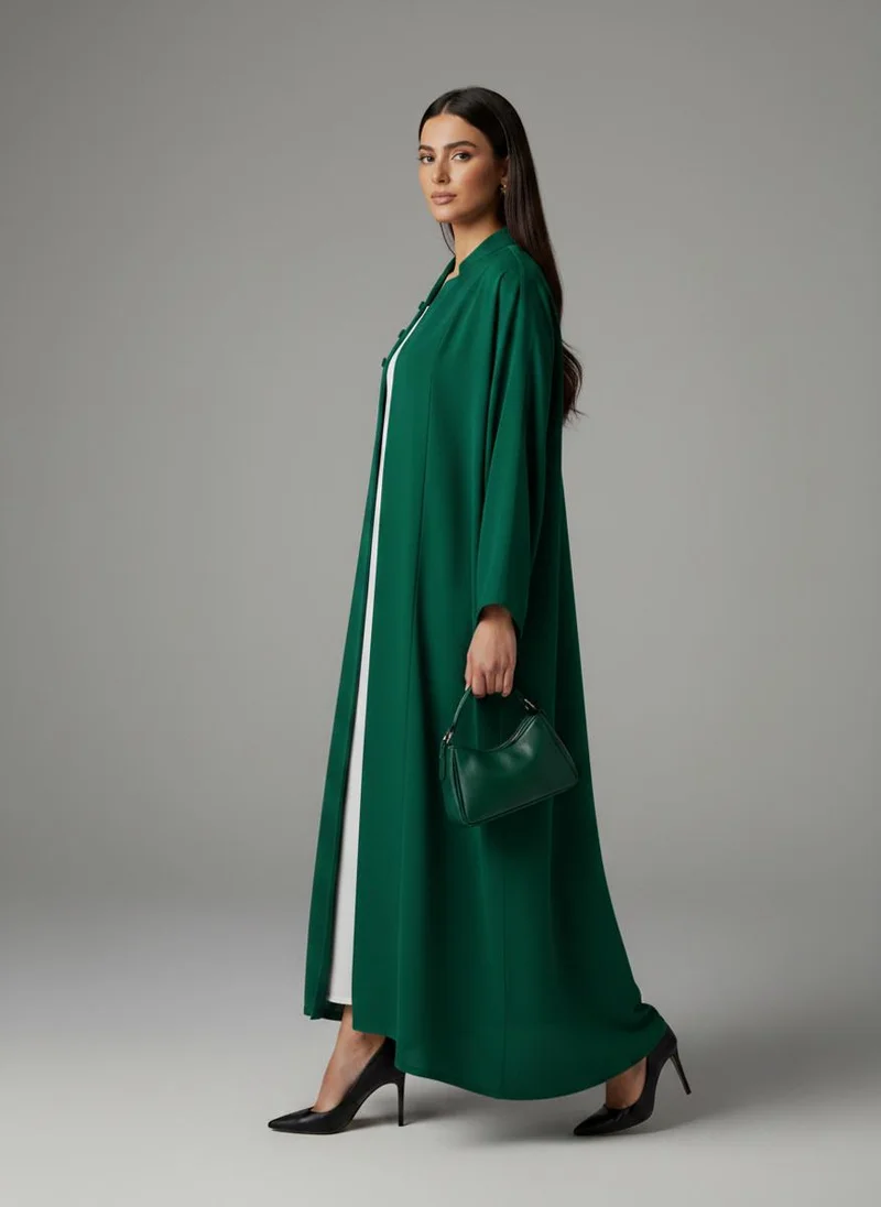 أم سكوير فاشن Signature Korean Nida Forest Green Open Abaya Minimalist High-Neck Design
