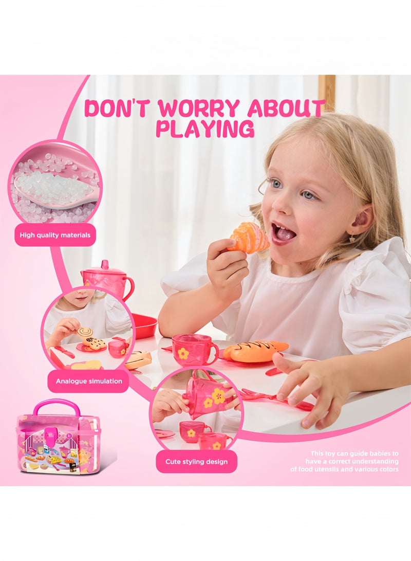 Mishilei 25PCS Pretend Play Afternoon Tea Party Set, Princess Tea Time Toy Including Pizza, Cookies, Bread, Macaroon u0026 Carrying Case, Boys Girls Gift (Pink) - Image 3