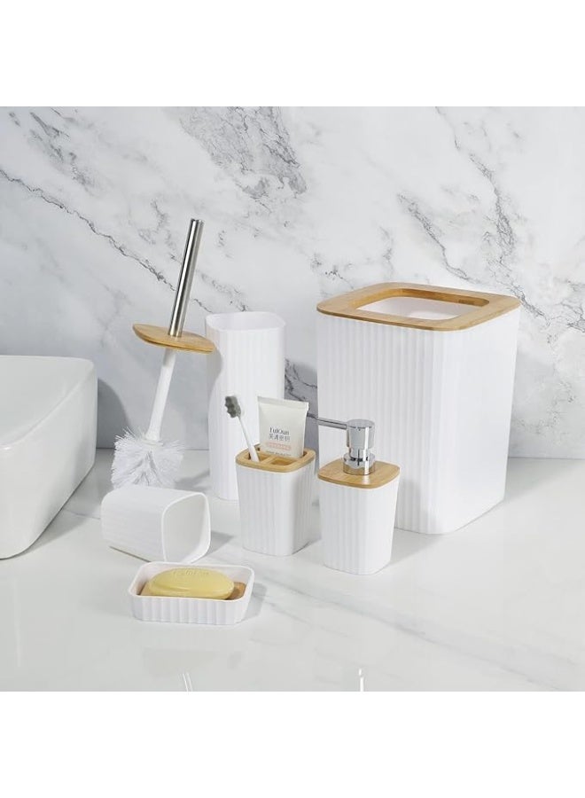 6 Piece Bathroom Accessories Set with Wooden Accents – Complete Bathroom Set Includes Toilet Brush, Soap Dispenser, Cup, Toothbrush Organizer, Tissue Box and Soap Holder - Image 4