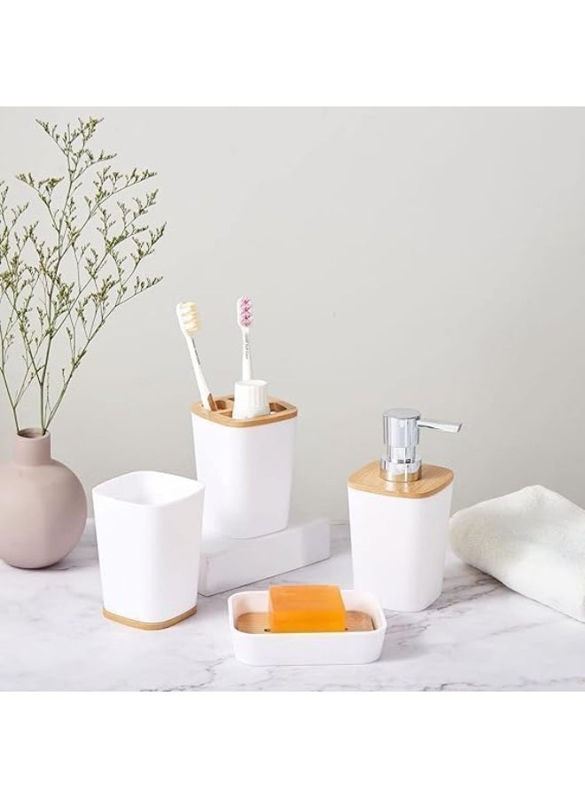 6 Piece Bathroom Accessories Set with Wooden Accents – Complete Bathroom Set Includes Toilet Brush, Soap Dispenser, Cup, Toothbrush Organizer, Tissue Box and Soap Holder - Image 2
