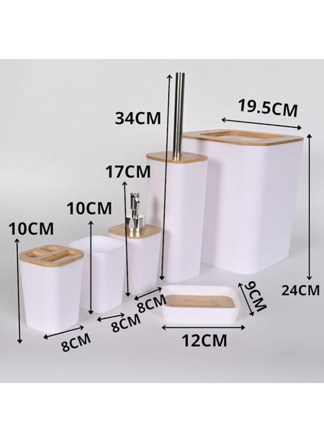 6 Piece Bathroom Accessories Set with Wooden Accents – Complete Bathroom Set Includes Toilet Brush, Soap Dispenser, Cup, Toothbrush Organizer, Tissue Box and Soap Holder - Image 3