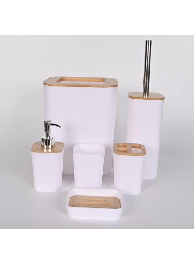 6 Piece Bathroom Accessories Set with Wooden Accents – Complete Bathroom Set Includes Toilet Brush, Soap Dispenser, Cup, Toothbrush Organizer, Tissue Box and Soap Holder - Image 1