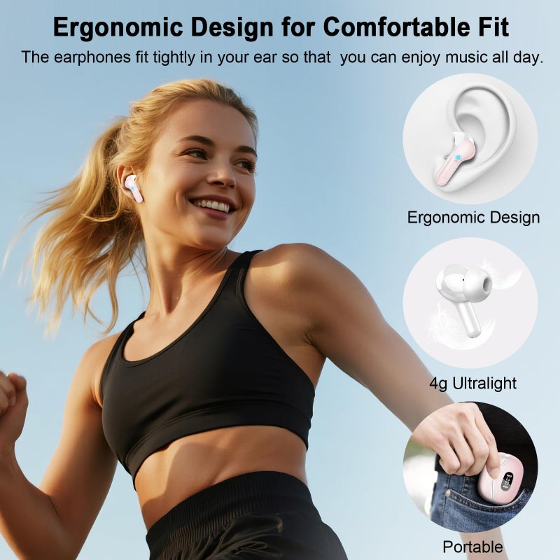 AOSRAU Wireless Earbuds, Bluetooth Headphones 5.4 HiFi Stereo, Ear Buds with 4 ENC Noise Cancelling Mics, 48H Bluetooth Earbuds with Dual LED Display, IP7 Waterproof in Ear Earphones for Android iOS, Pink - Image 5