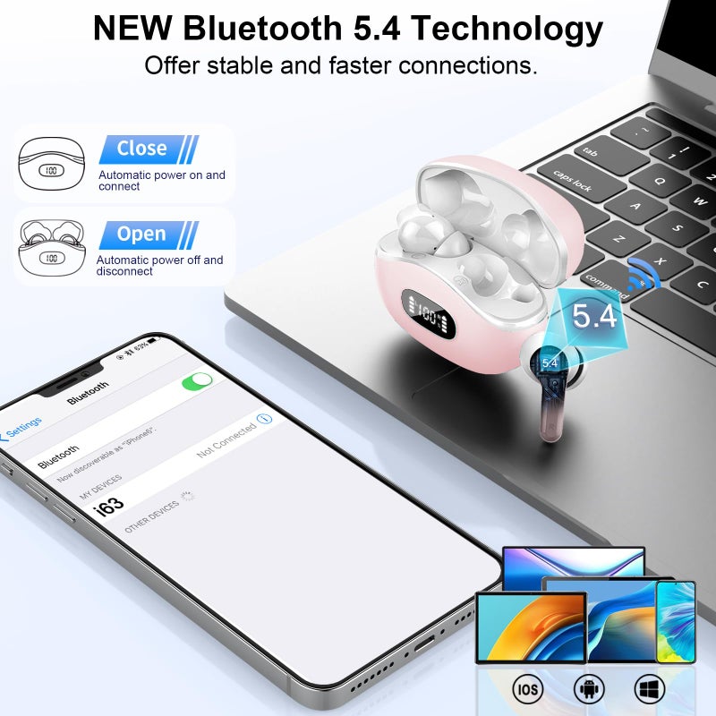 AOSRAU Wireless Earbuds, Bluetooth Headphones 5.4 HiFi Stereo, Ear Buds with 4 ENC Noise Cancelling Mics, 48H Bluetooth Earbuds with Dual LED Display, IP7 Waterproof in Ear Earphones for Android iOS, Pink - Image 3