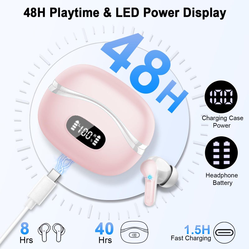 AOSRAU Wireless Earbuds, Bluetooth Headphones 5.4 HiFi Stereo, Ear Buds with 4 ENC Noise Cancelling Mics, 48H Bluetooth Earbuds with Dual LED Display, IP7 Waterproof in Ear Earphones for Android iOS, Pink - Image 4