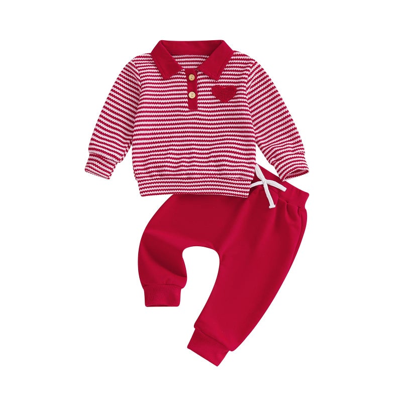 Amnnchya Toddler Baby Boy Valentines Outfit Heart Stripes Sweatshirt Solid Pants Kids Little Boys St Patricks Clothes Set (Red, 2-3T) - Image 1