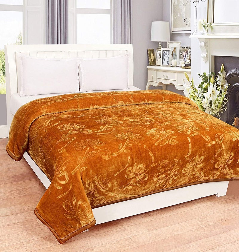 SHOORAAY SHOORAAY Floral Embossed Polyester Mink Blanket for Single Bed Winter MildWinter Ultra Soft LightWeight Travel Blanket Golden Single Bed 85x60 Inch 