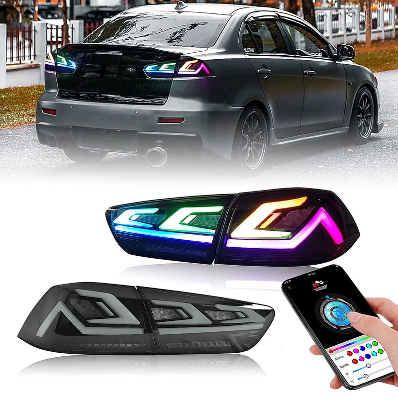 مجموعة مصابيح خلفية LED HCMOTIONZ لموديل ميتسوبيشي لانسر EVO X 2008-2020 مع إشارات انعطاف متسلسلة ورسوم متحركة عند التشغيل للجانب الأيمن والأيسر