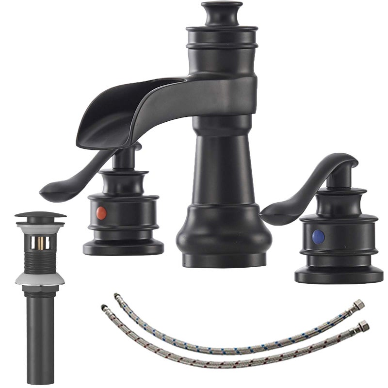 BATHLAVISH Black Bathroom Faucet Widespread Waterfall Farmhouse for Sink 3 Hole 2 Handle Matte Finish Vanity 3 Piece Set with Pop Up Drain Assembly for Bathroom Sink