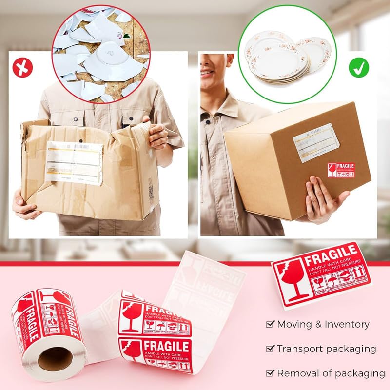 NUOVI Fragile Sticker | 90 X 50mm Size, 300 Stickers | Strong Adhesive Red Fragile Labels, Warning Sticker, for Shipping, Goods Packing & Moving - Image 5