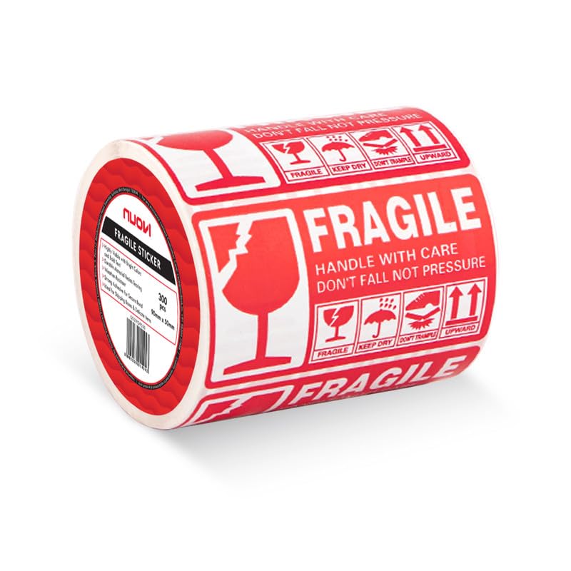 NUOVI Fragile Sticker | 90 X 50mm Size, 300 Stickers | Strong Adhesive Red Fragile Labels, Warning Sticker, for Shipping, Goods Packing & Moving - Image 1