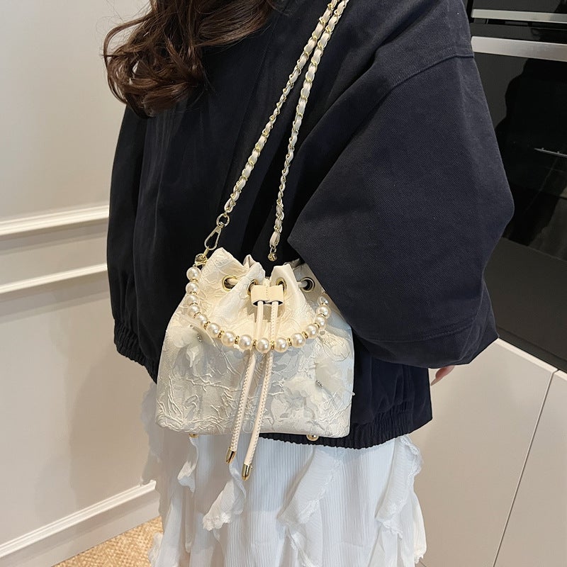 Bag Women'S Embroidered Pearl Handheld Cheongsam Bag Drawstring Bucket Bag Chain Flower Small Crossbody Bag
